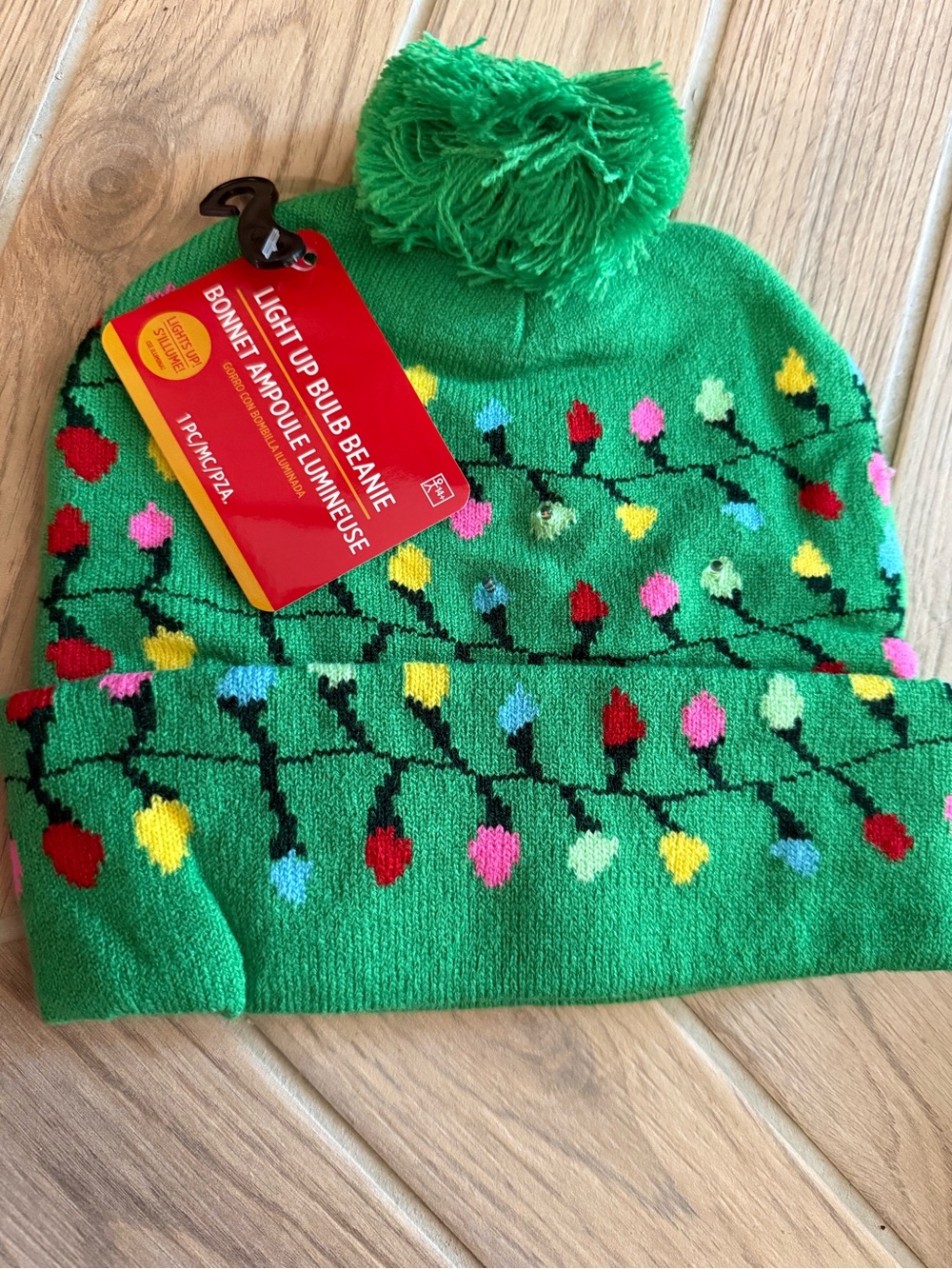 Light Up Bulb Beanie - Green Pom Pom Hat